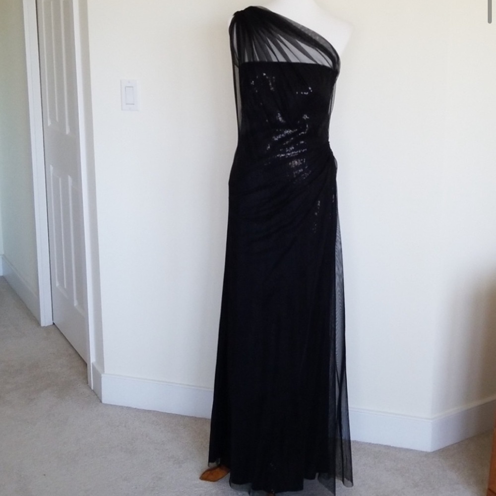 Tadashi Shoji Black One-Shoulder Sequin Evening Gown